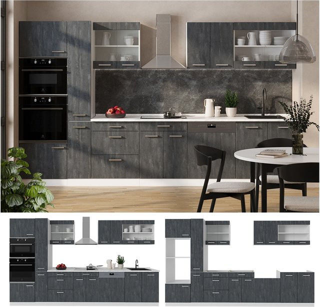 Vicco R-Line Küchenzeile in Schwarz Beton und Weiß mit weißer Marmor Arbeitsplatte, Breite: 350 cm - Bild 1