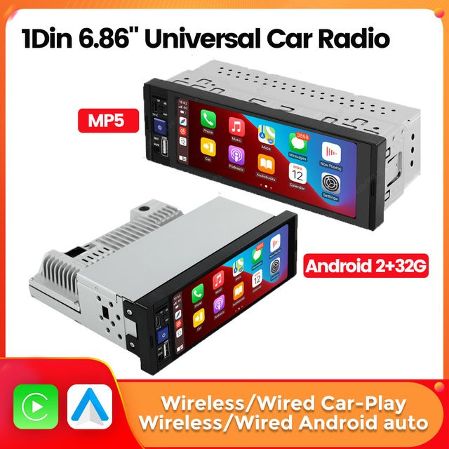 NAVIFANS 1DIN Universal Carplay Android Auto Multimedia Player mit 6,86 Zoll Bildschirm, Bluetooth und FM, Schwarz - Bild 1