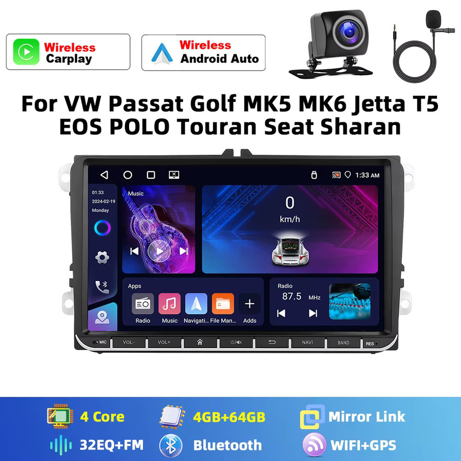 Podofo Android 2Din Autoradio mit 9 Zoll Touchscreen, GPS-Navigation und 6+128G Speicher, Schwarz, passend für VW Passat Golf MK5 MK6 Jetta T5 EOS Polo Touran und Seat Skoda - Bild 5