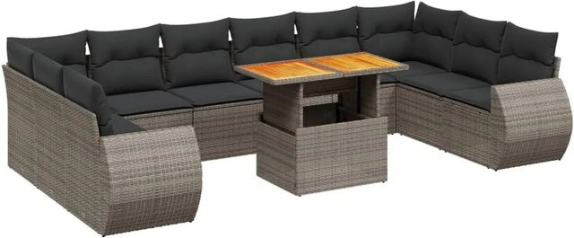 vidaXL 11-tlg. Garten-Sofagarnitur aus PE-Rattan in L-Form mit grauen Kissen - Bild 1