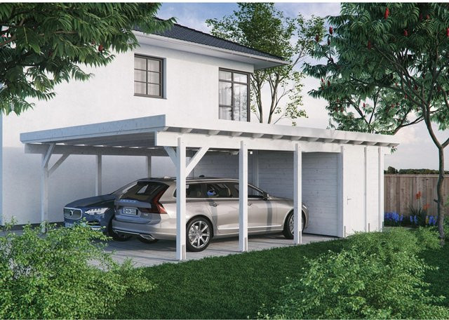 Kiehn-Holz Geräteraum für Doppelcarport KH 330 Weiß, Höhe: 174 cm, Breite: 585 cm - Bild 1
