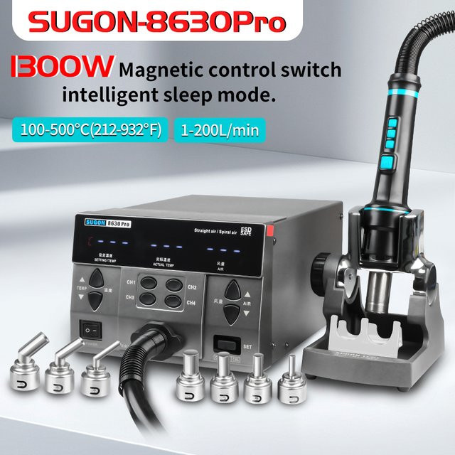 SUGON 8630Pro Heißluftpistole mit Digitalanzeige, 1300W Heißluft-Reworkstation für BGA Entlötung und SMD Reparatur - Bild 1