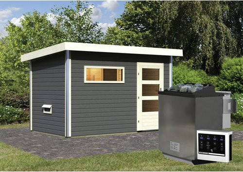 KARIBU Saunahaus in Grau mit 9 kW Bio-Kombi-Ofen und digitaler Steuerung, B/T/H: 336 x 196 x 228 cm - Bild 1