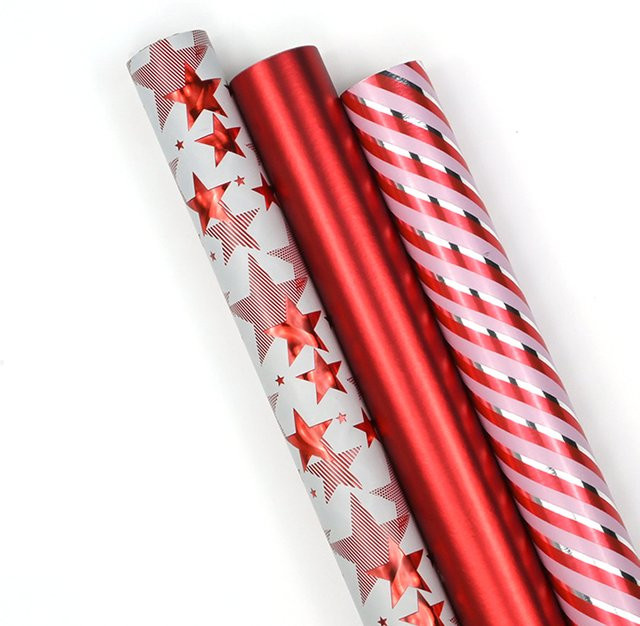 3 Rollen Geschenkpapier mit rotem Stern für Hochzeit, Geburtstag und Party, B: 43,18 cm, L: 304,8 cm pro Rolle - Bild 1
