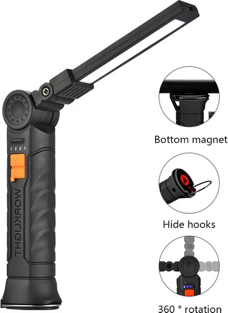 KDULIT COB LED Taschenlampe mit Magnet und USB-Wiederaufladung, Tragbare Arbeitsleuchte und Hängelampe in Schwarz mit Warmweißem Licht - Bild 1