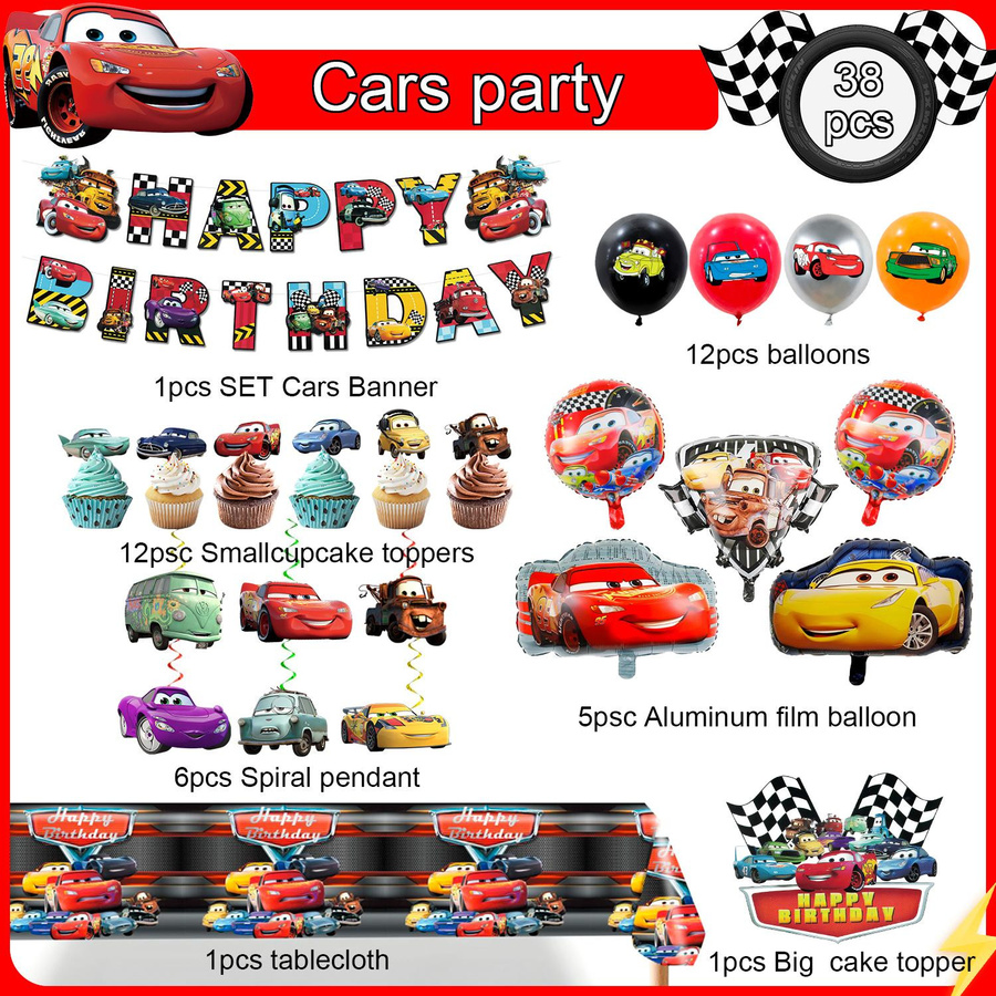 38-teiliges Cartoon Geburtstagsparty Dekorationsset von Party World in Schwarz und Rot mit Banner, Tischdecke, Ballons und Tortenaufsatz für Kinder - Bild 6