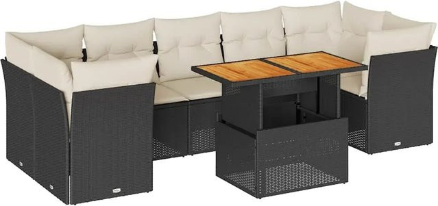 vidaXL 8-teilige Garten-Sofagarnitur in L-Form aus Polyrattan und Akazienholz mit Kissen in Schwarz-Creme - Bild 1