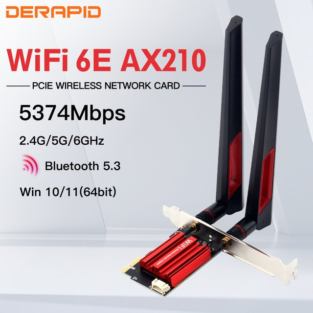 DERAPID Wifi 6E AX210 PCIe Netzwerkkarte mit Bluetooth 5.3, Tri-Band 2,4 GHz/5 GHz/6 GHz, bis zu 5374 MBit/s für Windows 10/11 - Bild 1