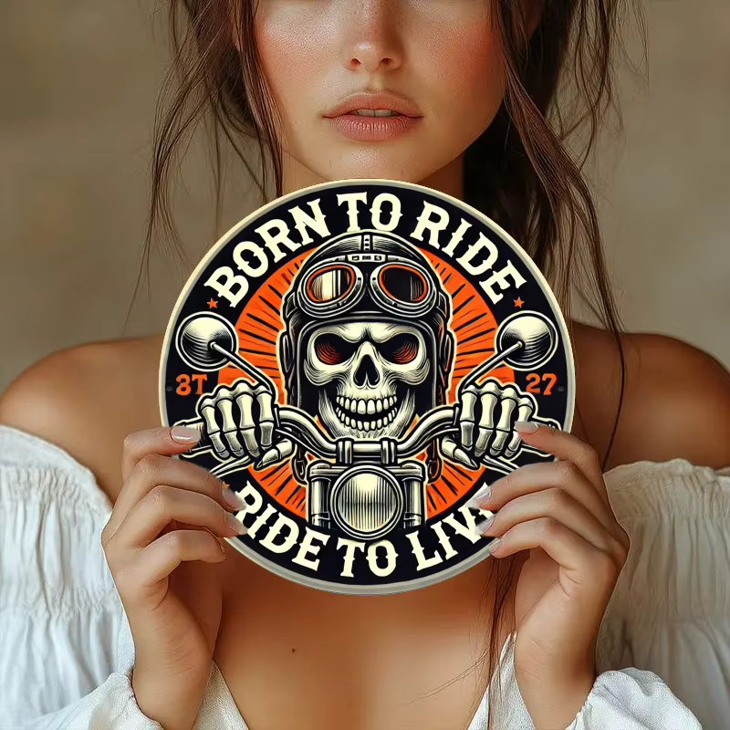 Potdemiel Vintage-Motorrad-Schädel Metallblechschild Rund, Mehrfarbig, Durchmesser: 19,81 cm - Bild 4