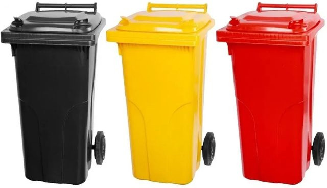 PROREGAL SuperSparSet 3er-Pack Mülltonnen mit 2 Rädern aus HDPE-Kunststoff, 120 Liter, Farben: Grau, Schwarz, Gelb und Rot - Bild 1