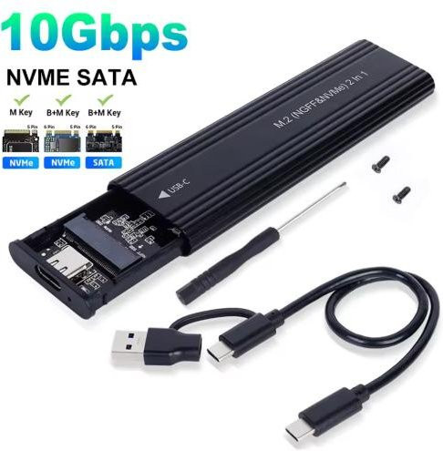 Kebidumei M.2 NVMe und SATA SSD Gehäuse mit USB Typ C Anschluss, 10Gbps USB 3.1 externer Adapter für M, B und B&M Keys, Schwarz - Bild 1