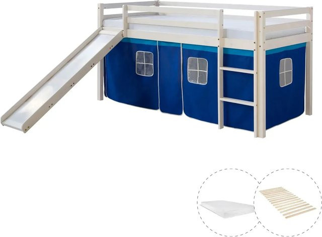Homestyle4u Hochbett für Kinder aus Kiefernholz mit Vorhang, Lattenrost und Rutsche, Farbe: Weiß, B/T/H: 90 x 200 x 208 cm - Bild 1