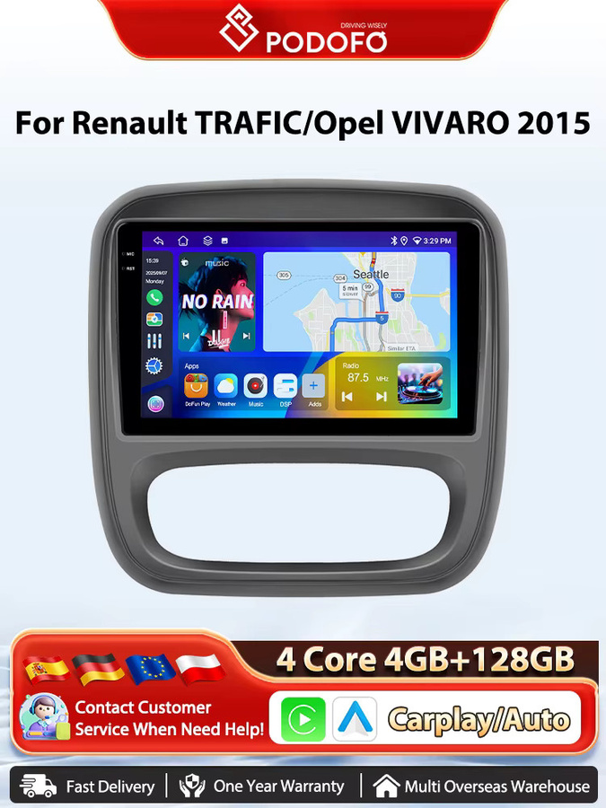 Podofo Android Auto AI Radio für Renault Trafic und Opel Vivaro 2015 mit 8 Kernen, kabellosem CarPlay, GPS, DSP und Multimedia-Funktionen in Schwarz - Bild 6