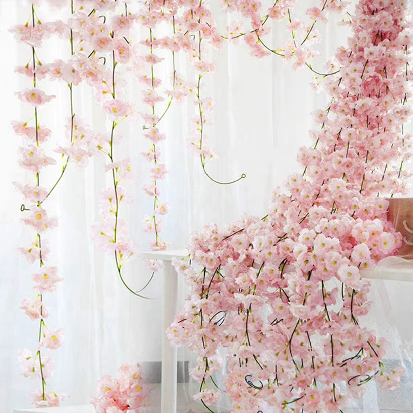 TTCY Künstliche Kirschblüten Sakura mit Rattan und Seide Efeu als Wandbehang in Pink für Hochzeitsdekoration und DIY-Arrangements - Bild 1