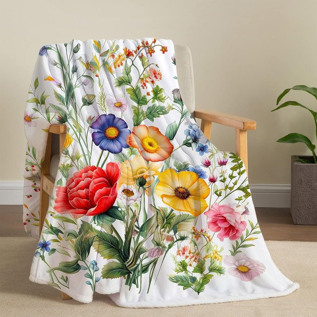 Vintage Blumen-Flanell-Decke mit Schmetterlings- und Wildblumenmuster in Multicolour aus Polyester - Bild 1