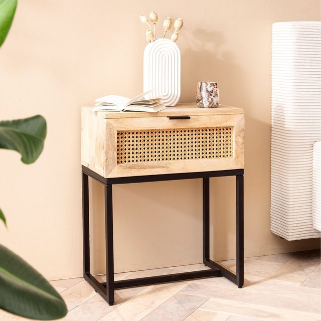 Finebuy Nachtkonsole aus Massivholz mit Rattan und Schublade in Braun, B/T/H: 60 x 30 x 50 cm - Bild 1