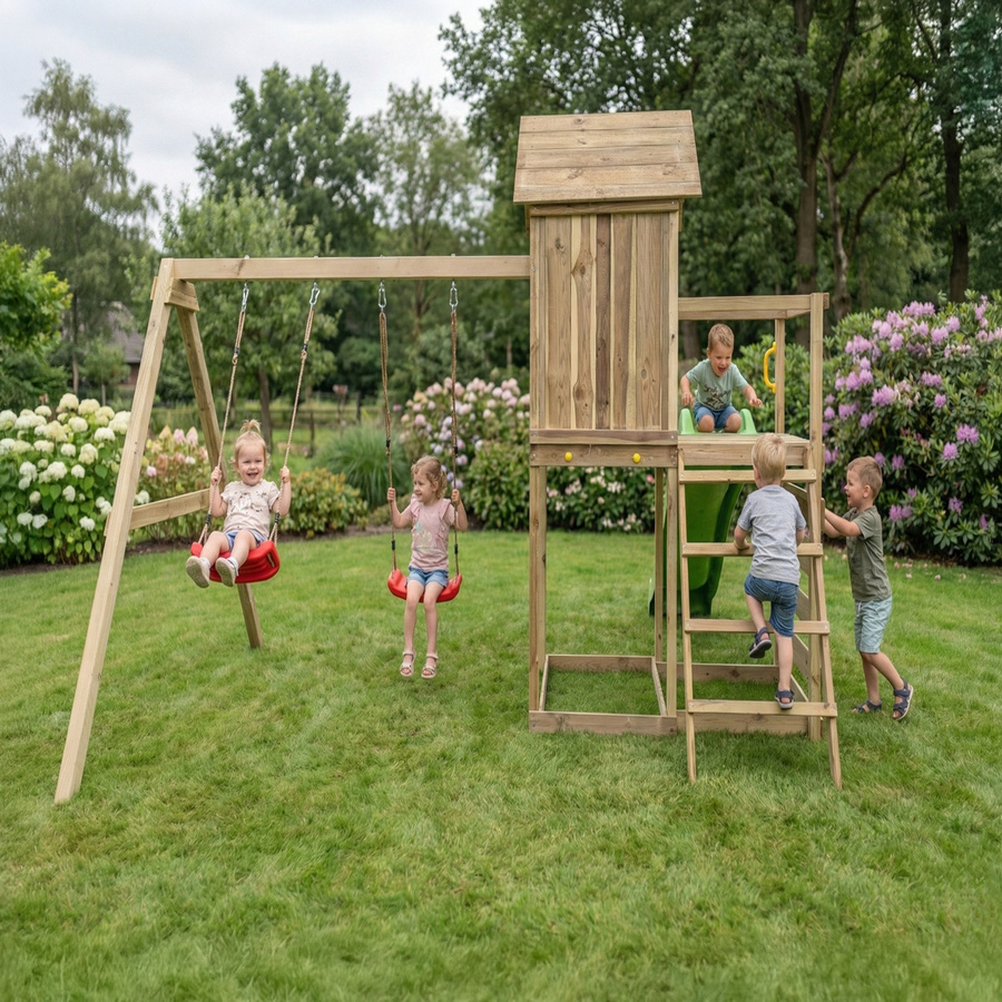 MaxPlay Holzklettergerüst mit Spielhaus, Doppelschaukel und Rutsche in Rot und Gelb - Bild 2