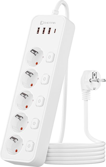 LEHOTPIA Steckdosenleiste mit Netzwerkfilter und USB-C-Ladefunktion, Weiß, Kabellänge: 1,8 m - Bild 1