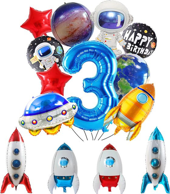 EsenTroye Rakete Astronaut Folienballons mit Zahlen 0-9 für Weltraum Geburtstagsdekoration, Blau, Durchmesser: 81,28 cm - Bild 1
