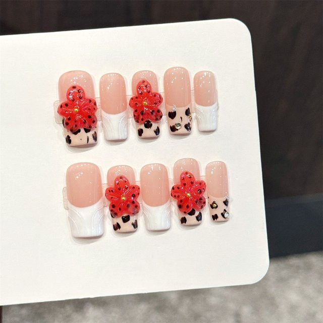 YADORNOS Press-on-Nägel, Sargform, rotes 3D-Blumendesign, Damen, glänzend - Bild 1