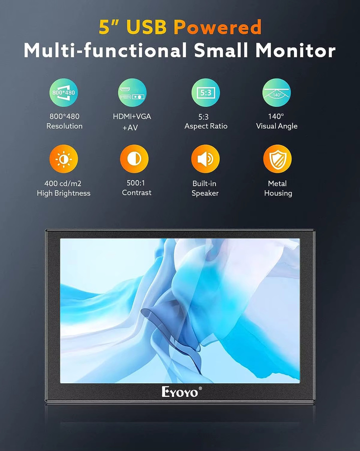 Eyoyo 5-Zoll Mini-LCD-Monitor in Schwarz mit HD-TFT-Bildschirm, 800 x 480 Auflösung, 140 Grad Weitwinkel und integriertem Lautsprecher sowie HDMI, VGA und AV Videoeingang - Bild 2