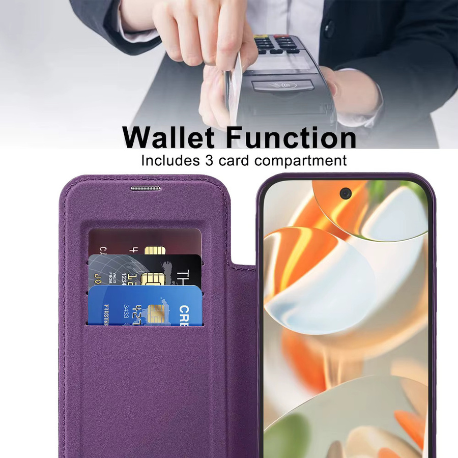 Luxus Transparent Flip Leder Brieftasche mit Magnetverschluss und Kartenfächern für Google Pixel 10, 9 Pro XL, 9A, 8A, 7A in Schwarz oder Lila - Bild 3