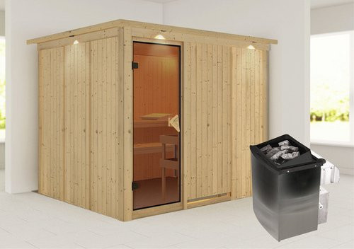Karibu Sauna Jöhvi aus Fichtenholz in Beige inklusive 9 kW Saunaofen mit integrierter Steuerung für 4 Personen, B/T/H: 245 x 210 x 202 cm - Bild 1