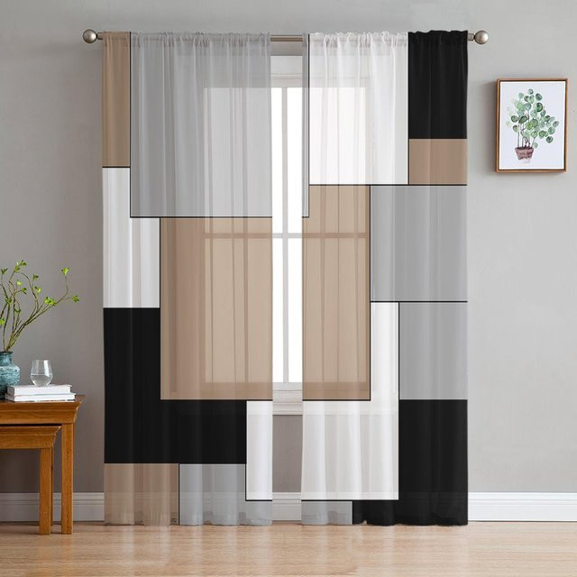 Yiran Furniture Transparenter Tüll-Vorhang mit abstraktem Patchwork-Design in Gelb, Grau und Schwarz, Breite: 135 cm, Höhe: 115 cm - Bild 1