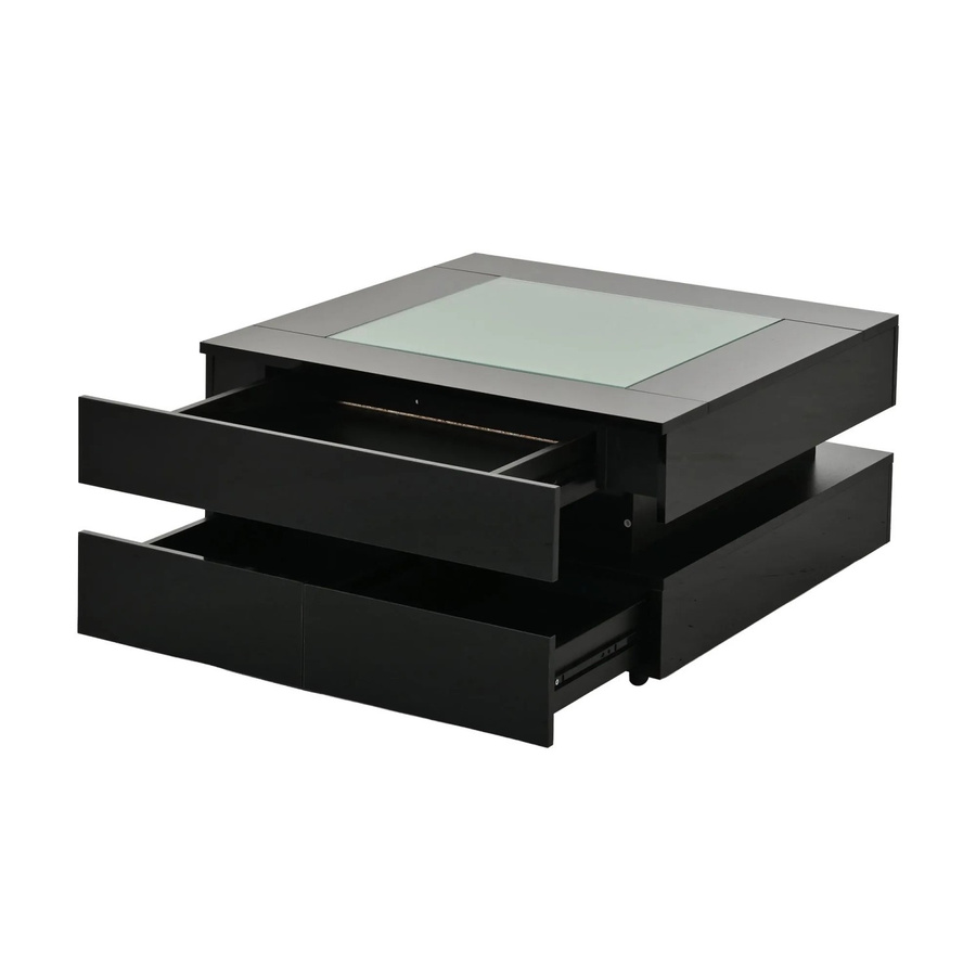 Merax Couchtisch aus Glas mit LED-Schubladen in Schwarz, B/T/H: 70 x 70 x 35 cm - Bild 2
