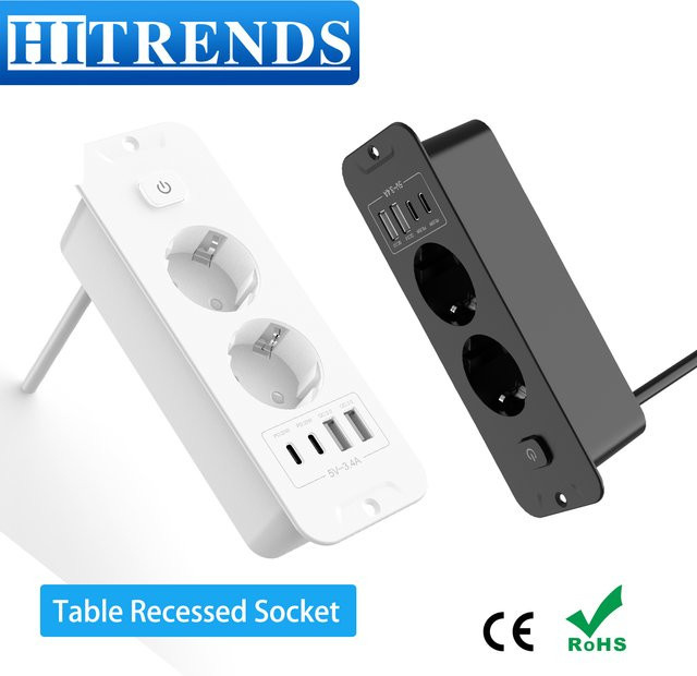 HITRENDS EU-Tisch-Einbausteckdose in Weiß mit 1 Steckdose, 2 USB-A und 2 USB-C PD20W Schnellladung sowie 2 m Kabel - Bild 1