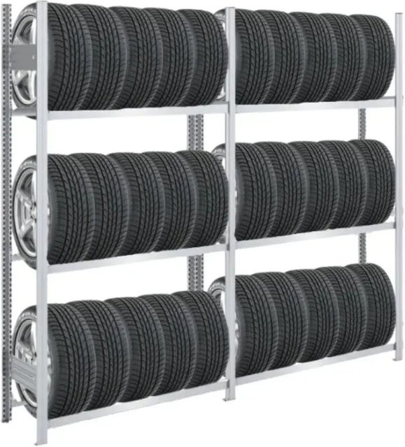 PROREGAL Tire Pro Reifenregal aus verzinktem Stahl in Silber, H x B x T: 200 x 200 x 43 cm, 3 Ebenen mit verstellbaren Regalböden und 150 kg Fachlast - Bild 1