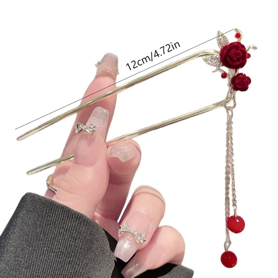 Haarstab roter Samt-Rosen, goldener Metallrahmen, Zirkon, rote Perlenquaste - Bild 2