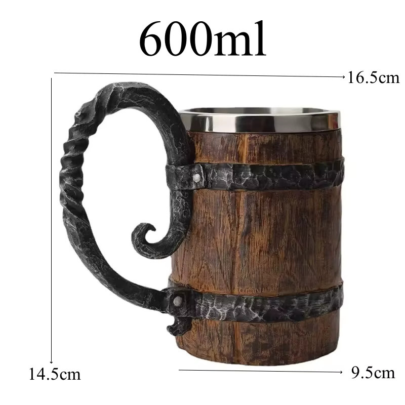 BARMAID BARWARE Viking Bierkrug im Holzstil, Doppelwandiger Metalltrinkbecher aus Edelstahl, Braun, 600 ml - Bild 5