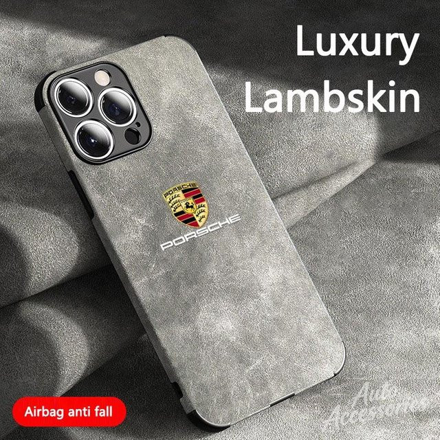 Porsche Logo Wildleder Handyhülle für iPhone 16 15 14 13 12 Pro Max Plus und XS XR in Grau - Bild 1