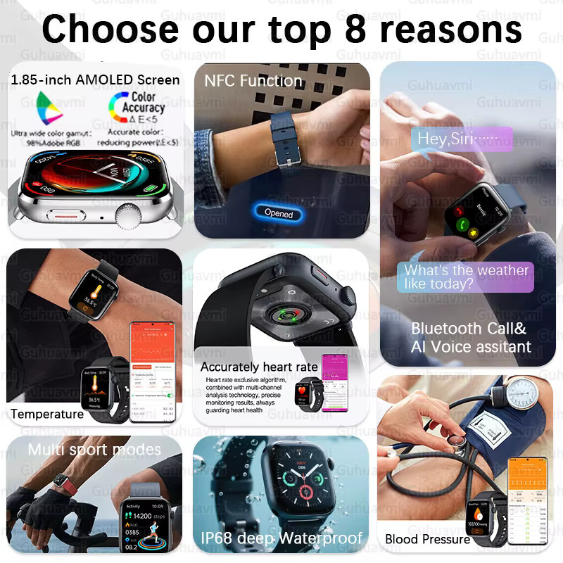 GUHUAVMI Smartwatch, 1,81 Zoll AMOLED, Leder, Schwarz, Unisex - Bild 2