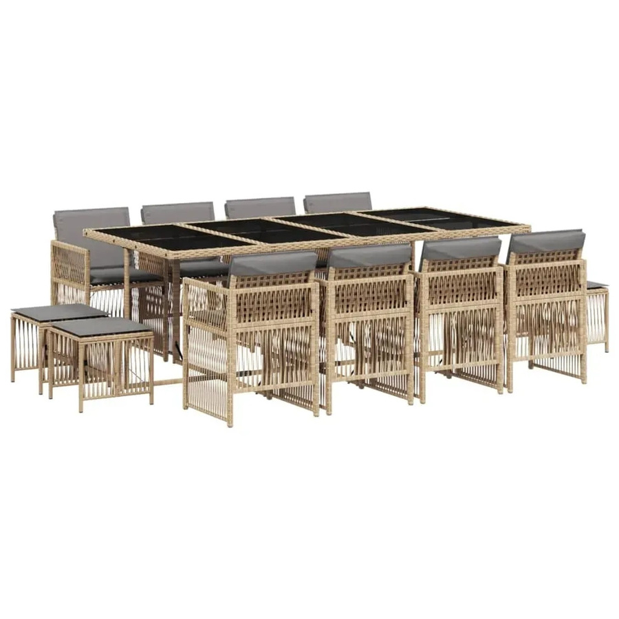 vidaXL 13-teilige Garten-Essgruppe aus Poly-Rattan mit Kissen und Hartglas-Tischplatte in Beige, Schwarz und Grau - Bild 2