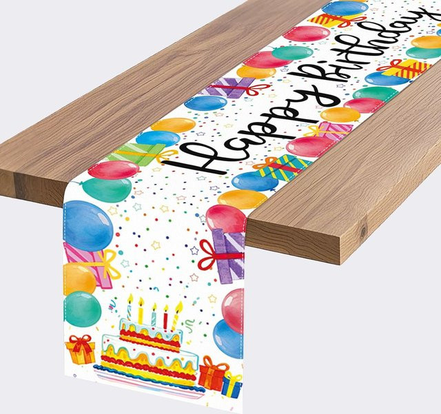 JINGYUE Pet Tischläufer aus Leinen mit buntem Ballon-Motiv für Geburtstagsfeiern, Blau/Mehrfarbig, B/T: 150 x 33 cm - Bild 1