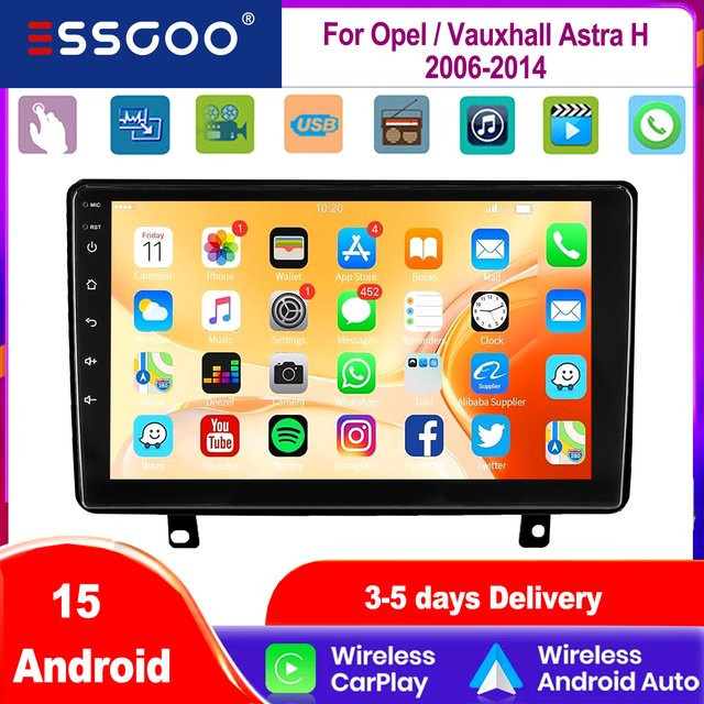ESSGOO 9 Zoll IPS Touchscreen Autoradio für Opel Astra H 2006-2014 mit Android 15, Wireless Apple CarPlay, Android Auto, GPS, WiFi, Bluetooth und Lenkradfernbedienung, Schwarz - Bild 1