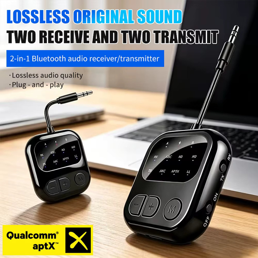 KEBIDU Bluetooth 6.0 Empfänger-Sender 2 in 1 Audio-Adapter mit AptX-Adaptive für Auto und Flugzeug, Schwarz - Bild 2