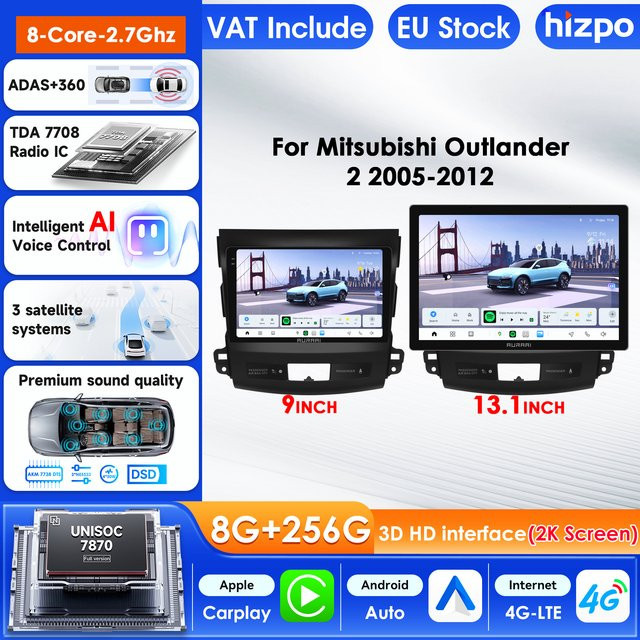 Hizpo Intelligentes Autoradio mit GPS und 2K QLED 3D Display für Mitsubishi Outlander XL 2, Peugeot 4007 und Citroen C-Crosser in Schwarz - Bild 1