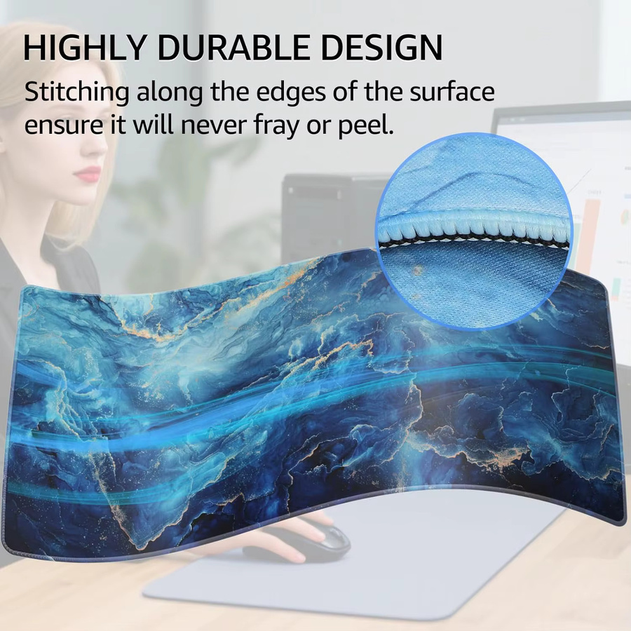 Gaming-Mauspad mit blauem Marmor-Design, wasserbeständiges Mikrogewebe und rutschfeste Basis mit genähten Kanten - Bild 4