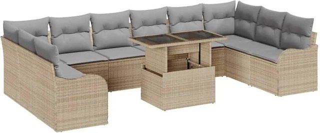 vidaXL Garten-Sofa-Set 11-teilig aus Poly-Rattan in Beige mit Kissen und Couchtisch für Terrasse und Garten - Bild 1