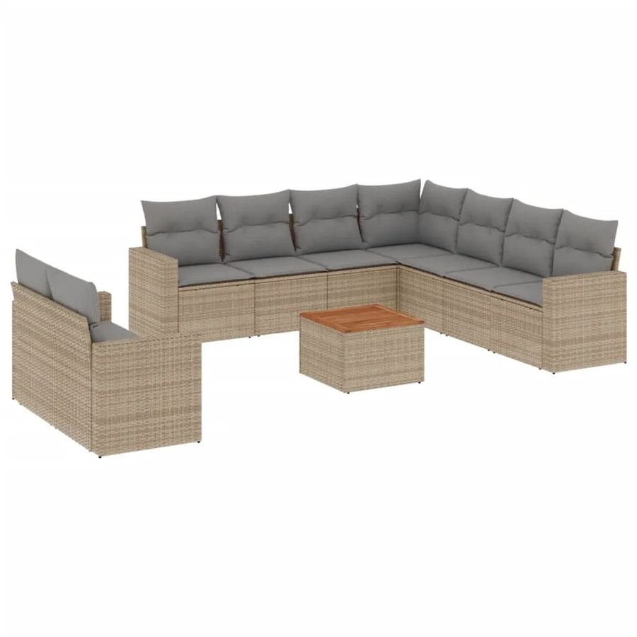vidaXL 10-teilige Garten-Sofagarnitur in L-Form aus Poly-Rattan und Akazienholz mit Kissen in Beige - Bild 2