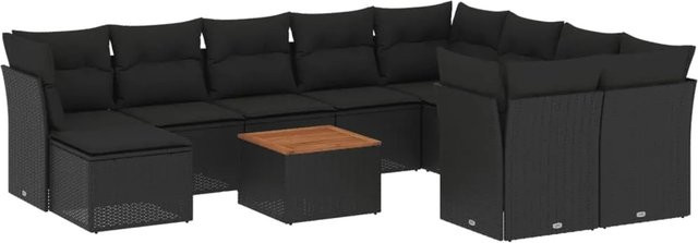 vidaXL 11-tlg. Garten-Sofagarnitur aus Poly-Rattan und Akazienholz in Schwarz mit UV-beständigen Kissen - Bild 1