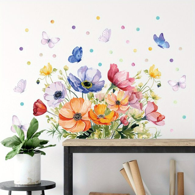 BRUP Wandaufkleber mit Aquarell-Blumen und Schmetterlingen für Kinderzimmer, Wohnzimmer und Schlafzimmer, abnehmbare Wanddekoration - Bild 1