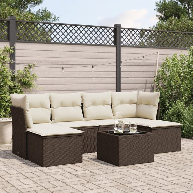 vidaXL 7-teilige Garten-Sitzgruppe in L-Form mit Kissen, Braun, Polyrattan und Metallrahmen - Bild 3