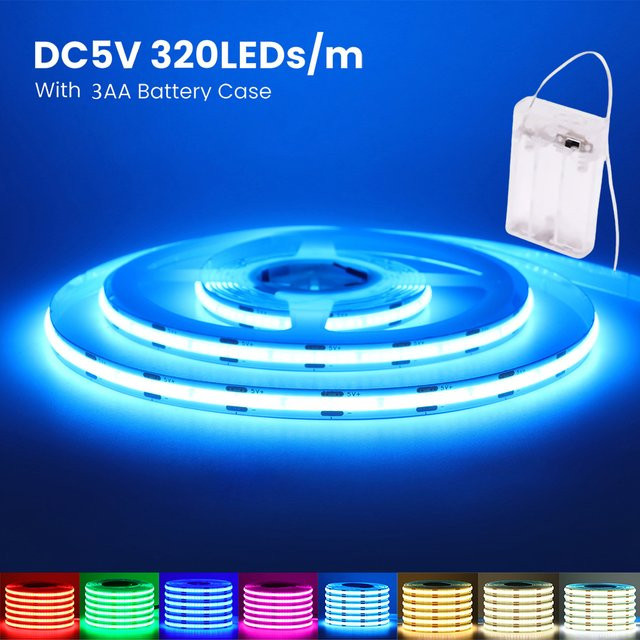 HAGAHA COB LED-Lichtleiste 5V mit 320 LEDs, batteriebetrieben, hochdichte Flex-Lampe in Blau, Rot, Grün, Pink oder Multicolour - Bild 1