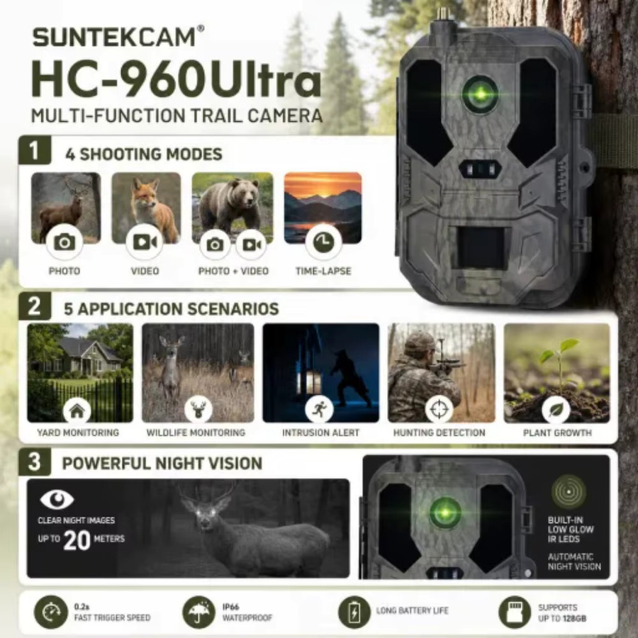 Suntekcam HC-960Ultra-Li Wildkamera mit 4K Auflösung und 120MP, kabellose Fotofalle mit SIM-Karte und IP65 Wasserdichtigkeit - Bild 4