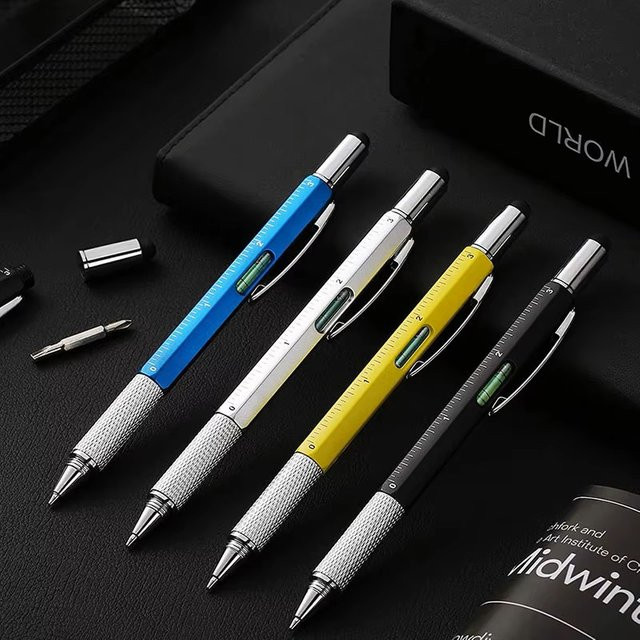 7-in-1 Multifunktions-Kugelschreiber aus Metall mit Handmesswerkzeug, Lineal, Stylus, Schraubendreher und Wasserwaage in Silber - Bild 1