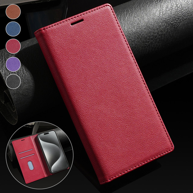 Ultradünne magnetische Lederhülle mit Wallet-Funktion für iPhone 16 15 14 13 12 11 Pro Max Plus und XS Max XR von AIERHEBA in Braun oder Rot - Bild 1